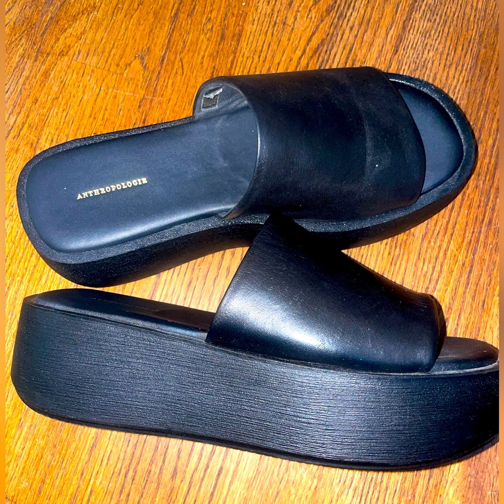 Anthropologie Black leather wedges